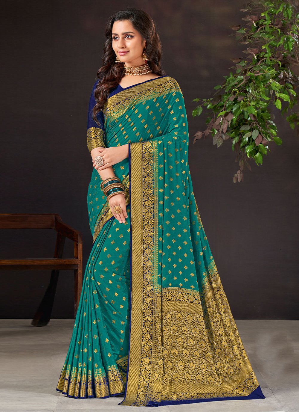 Designer Chiffon Viscose Green Weaving Saree