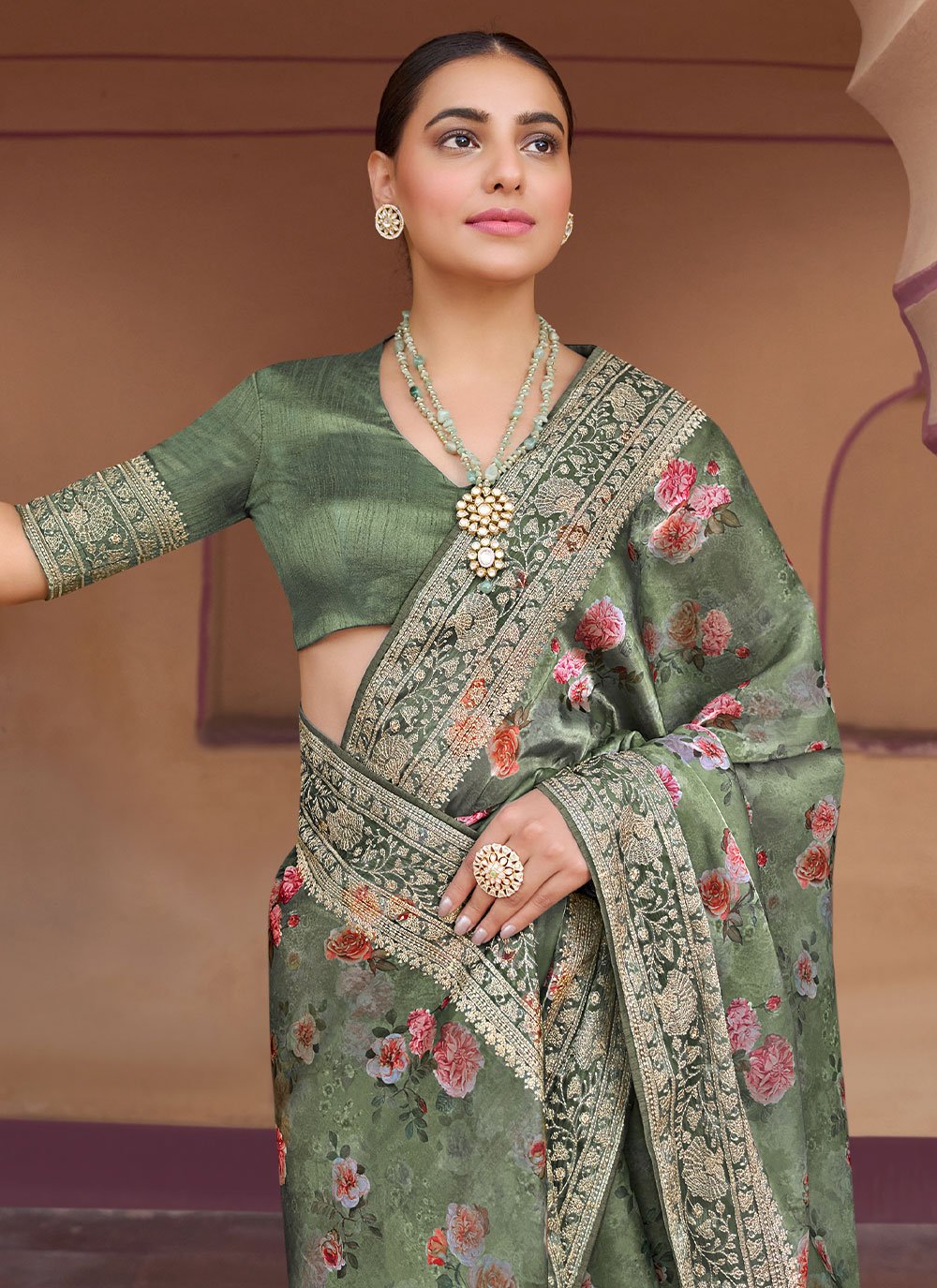 Designer Silk Green Digital Print Saree