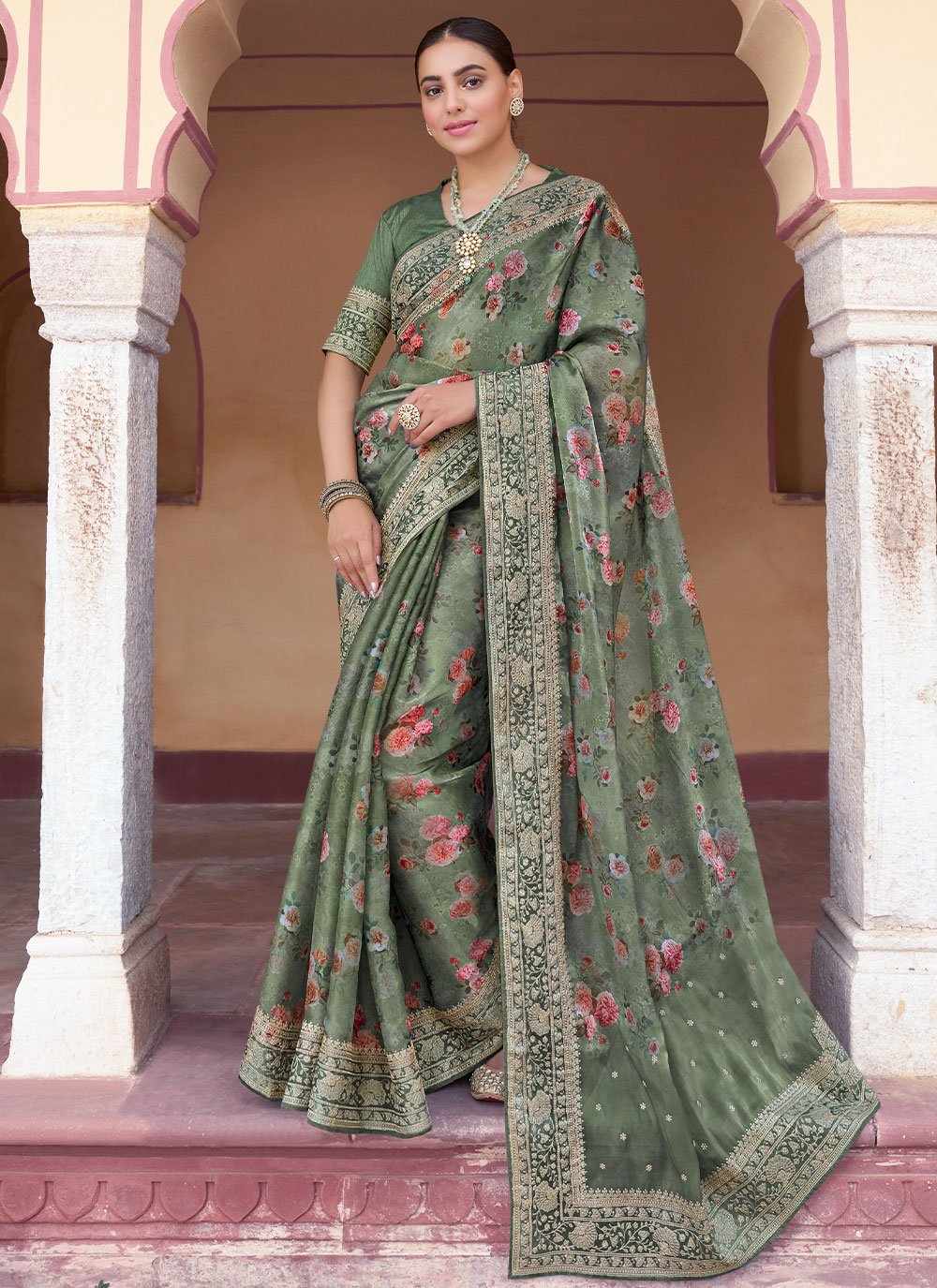 Designer Silk Green Digital Print Saree