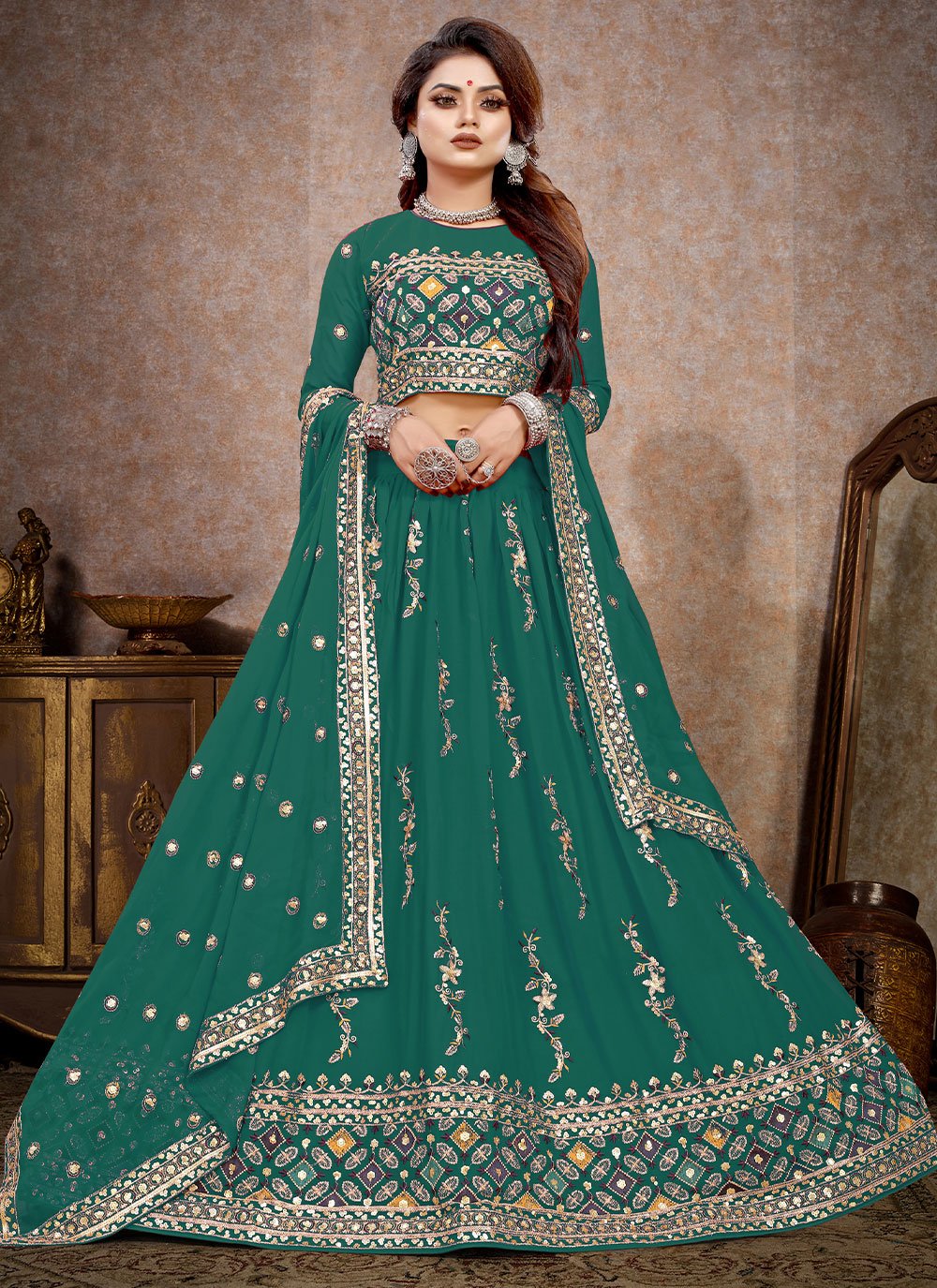 A Line Lehenga Georgette Green Embroidered Lehenga Choli