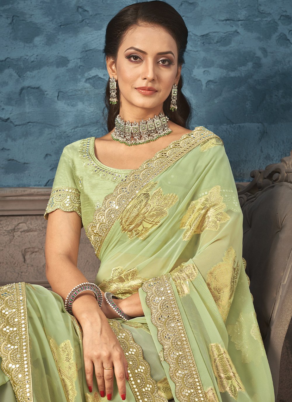 Classic Georgette Jacquard Green Embroidered Saree