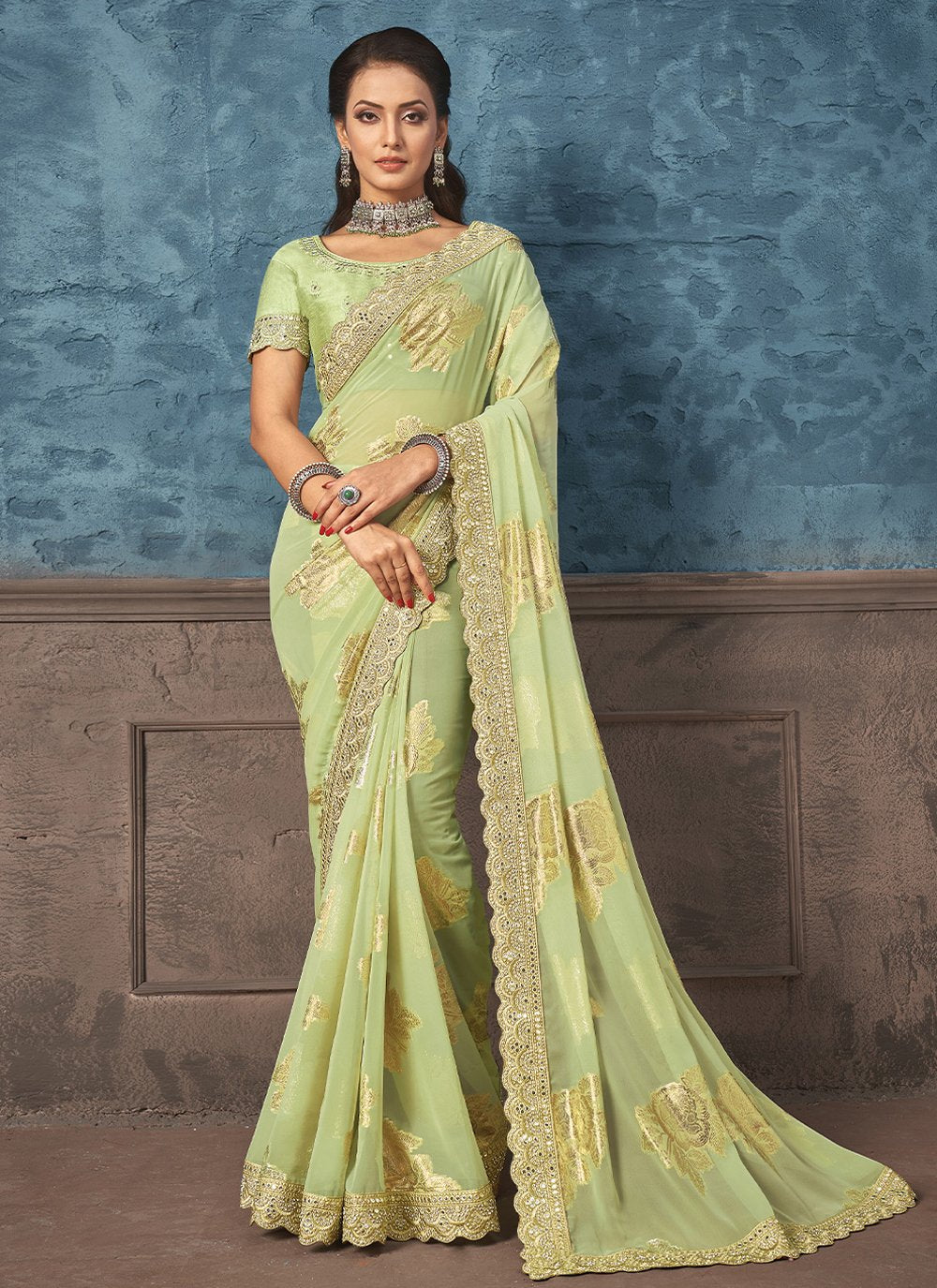 Classic Georgette Jacquard Green Embroidered Saree