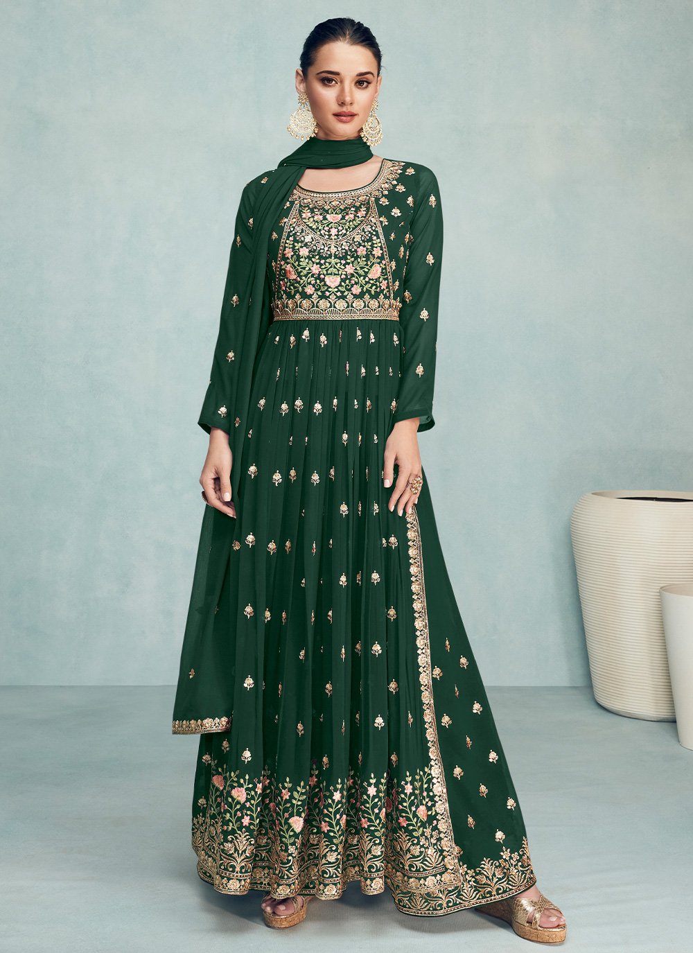 Salwar Suit Georgette Green Embroidered Salwar Kameez