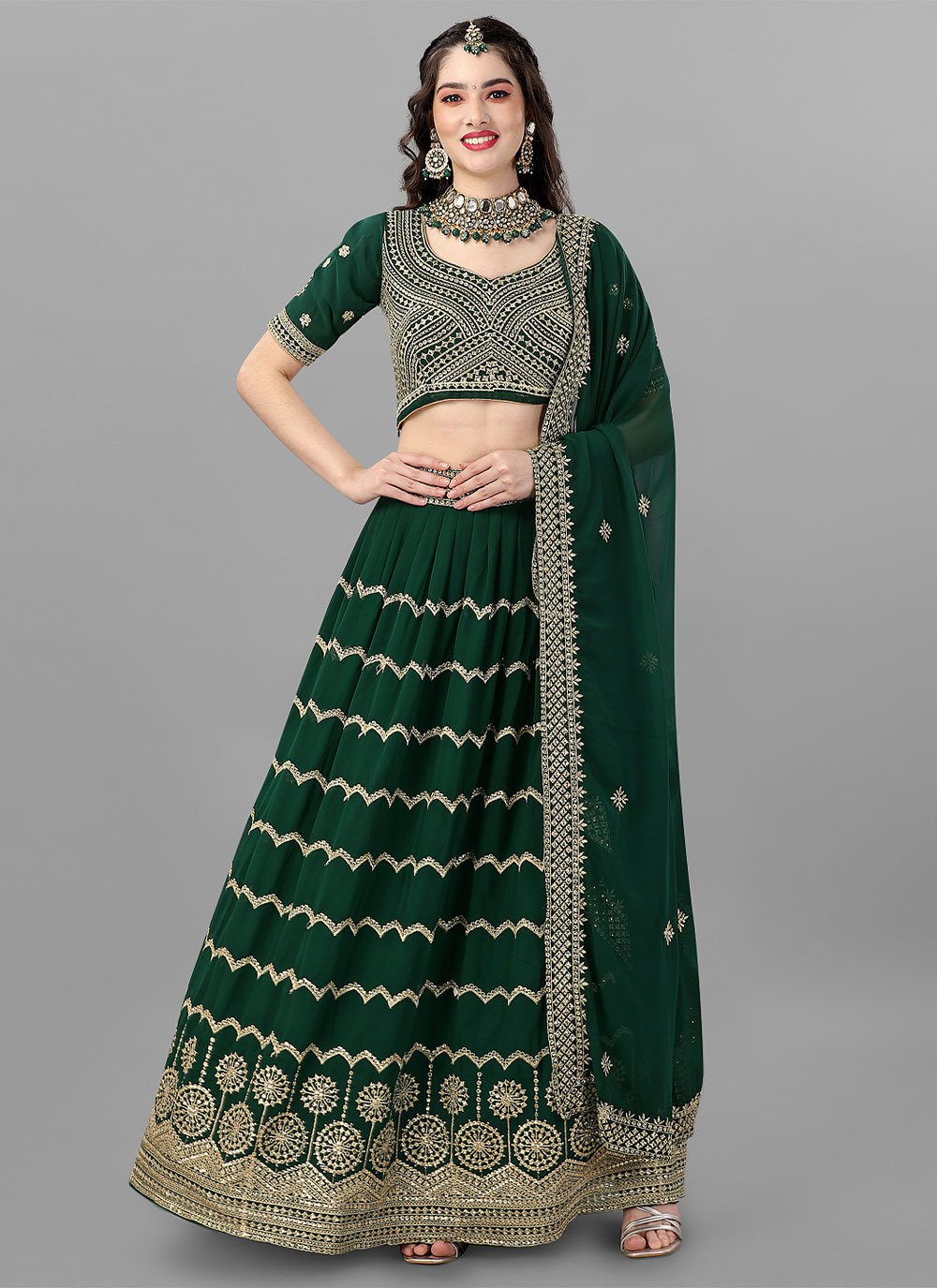 Lehenga Choli Faux Georgette Green Cord Work Lehenga Choli