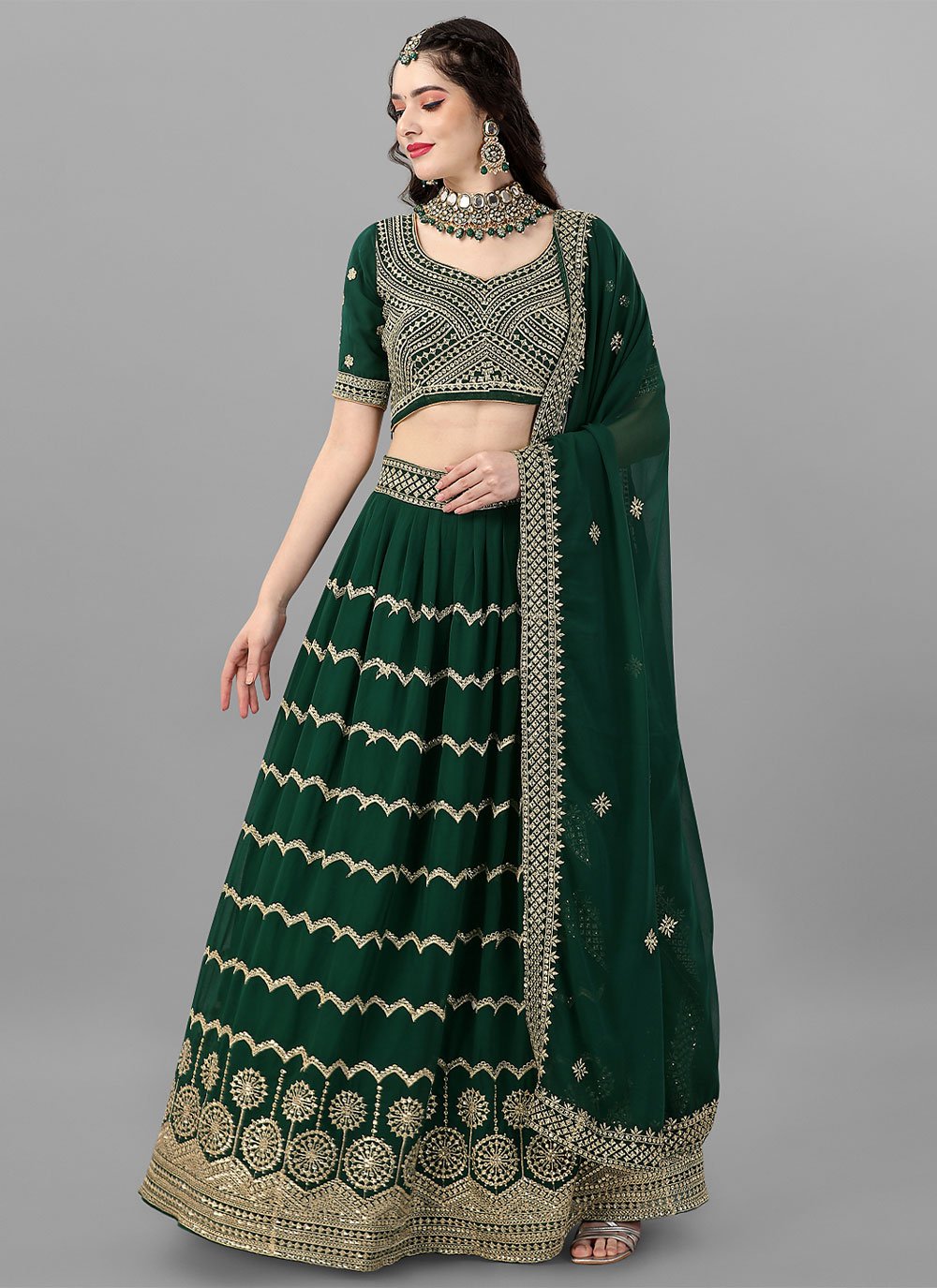 Lehenga Choli Faux Georgette Green Cord Work Lehenga Choli