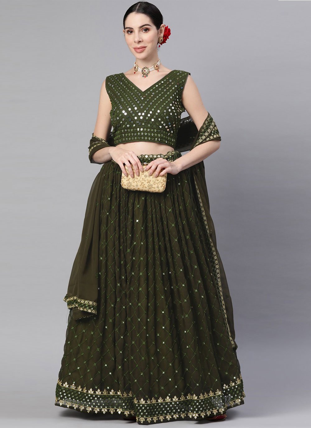 Lehenga Choli Georgette Green Embroidered Lehenga Choli