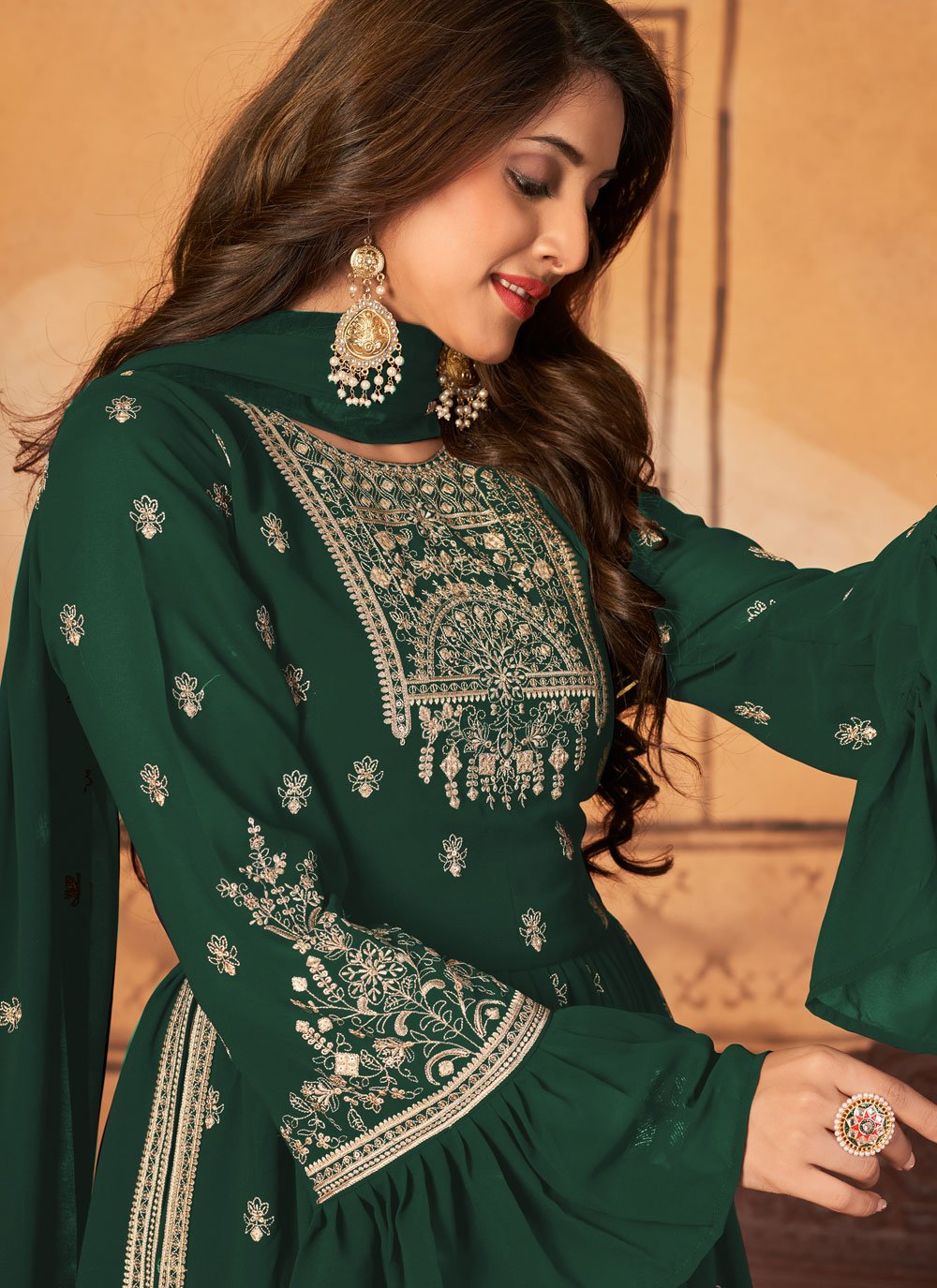 Palazzo Salwar Suit Faux Georgette Green Embroidered Salwar Kameez