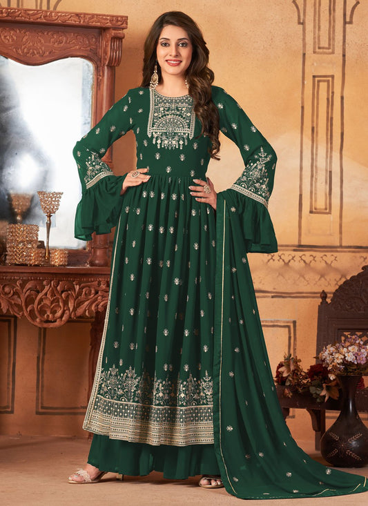 Palazzo Salwar Suit Faux Georgette Green Embroidered Salwar Kameez