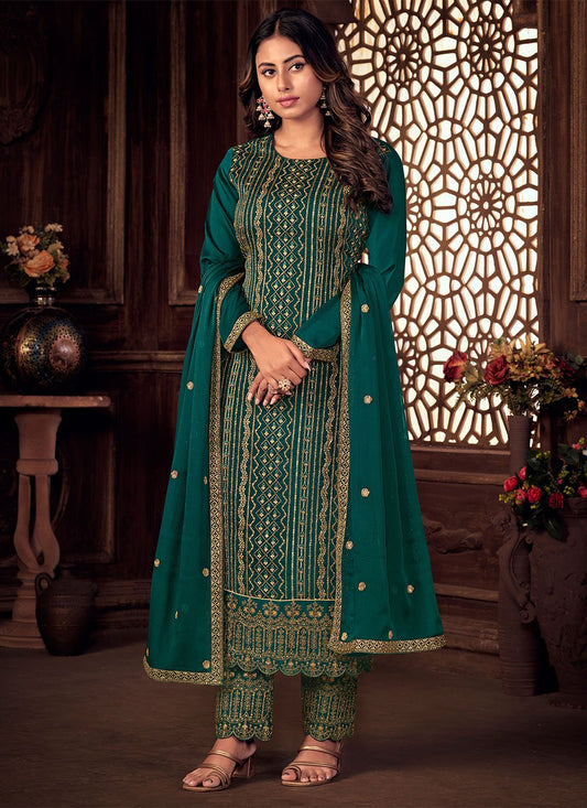 Pant Style Suit Pure Silk Green Embroidered Salwar Kameez