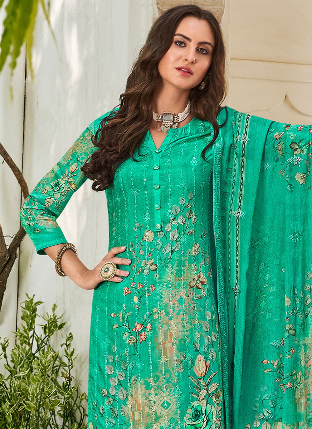 Salwar Suit Muslin Green Embroidered Salwar Kameez
