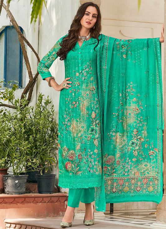 Salwar Suit Muslin Green Embroidered Salwar Kameez