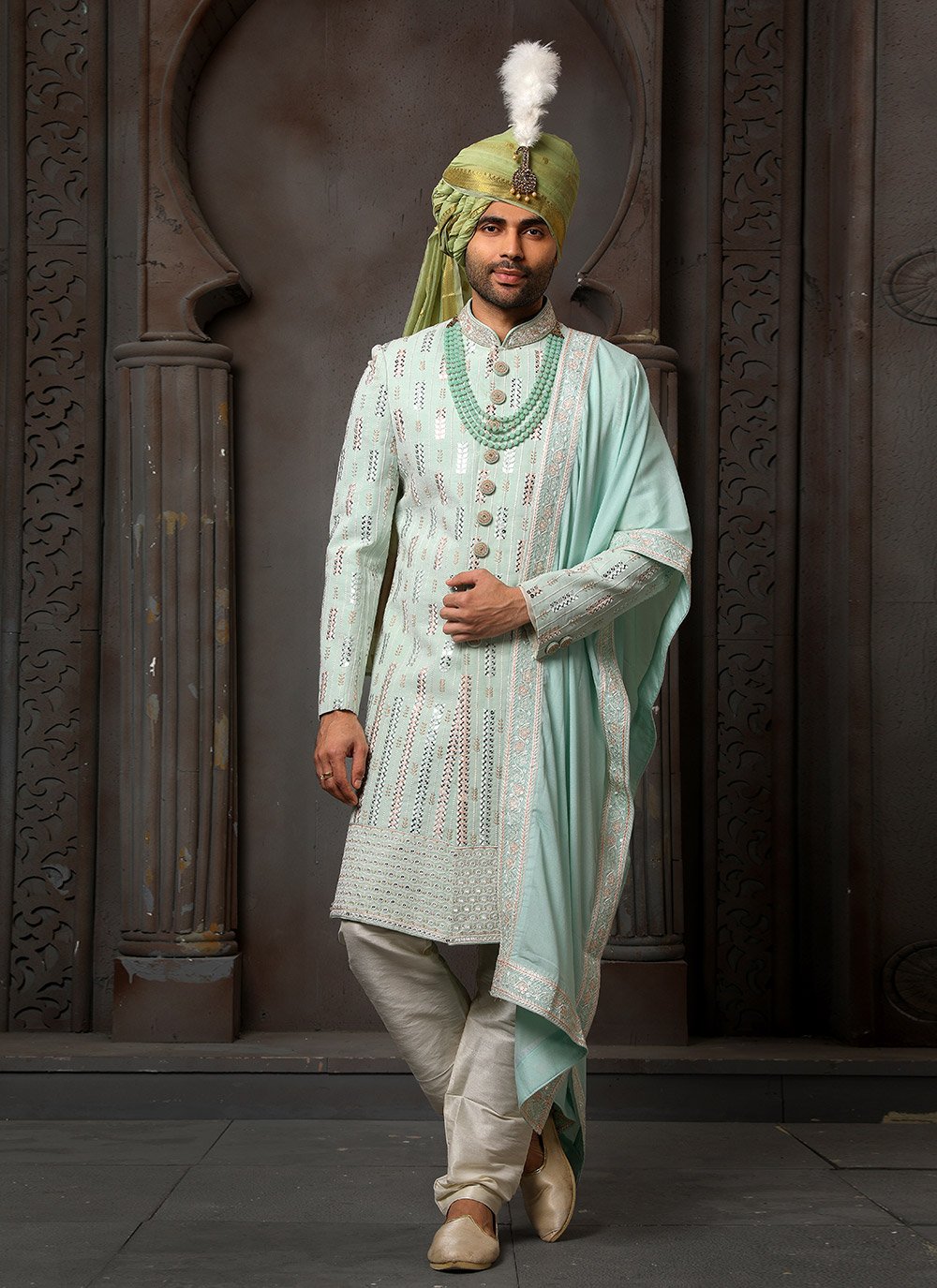 Sherwani Georgette Green Machine Embroidery Mens