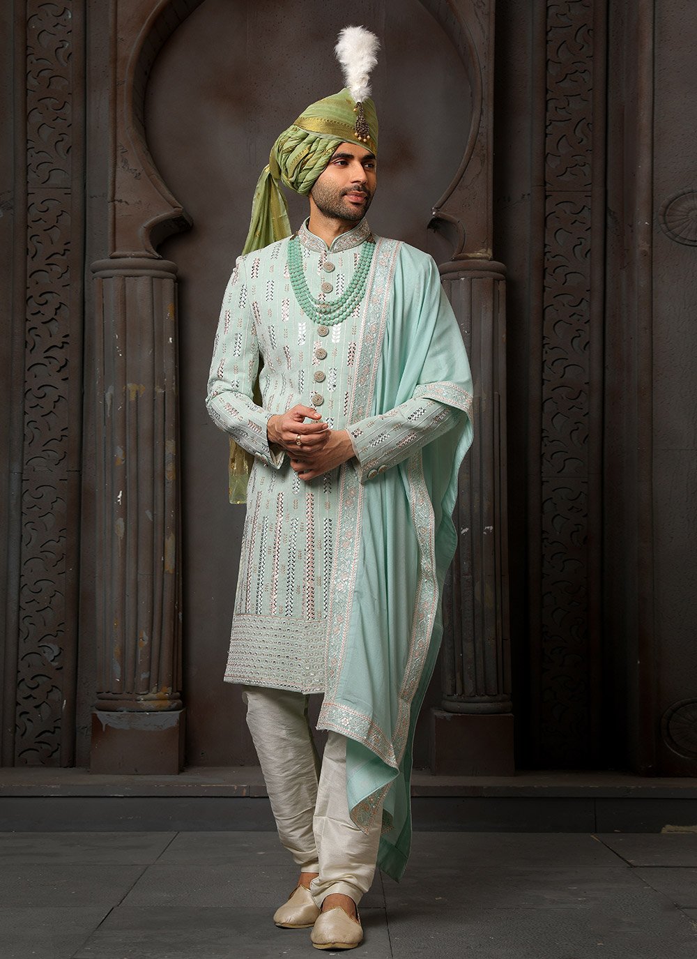 Sherwani Georgette Green Machine Embroidery Mens