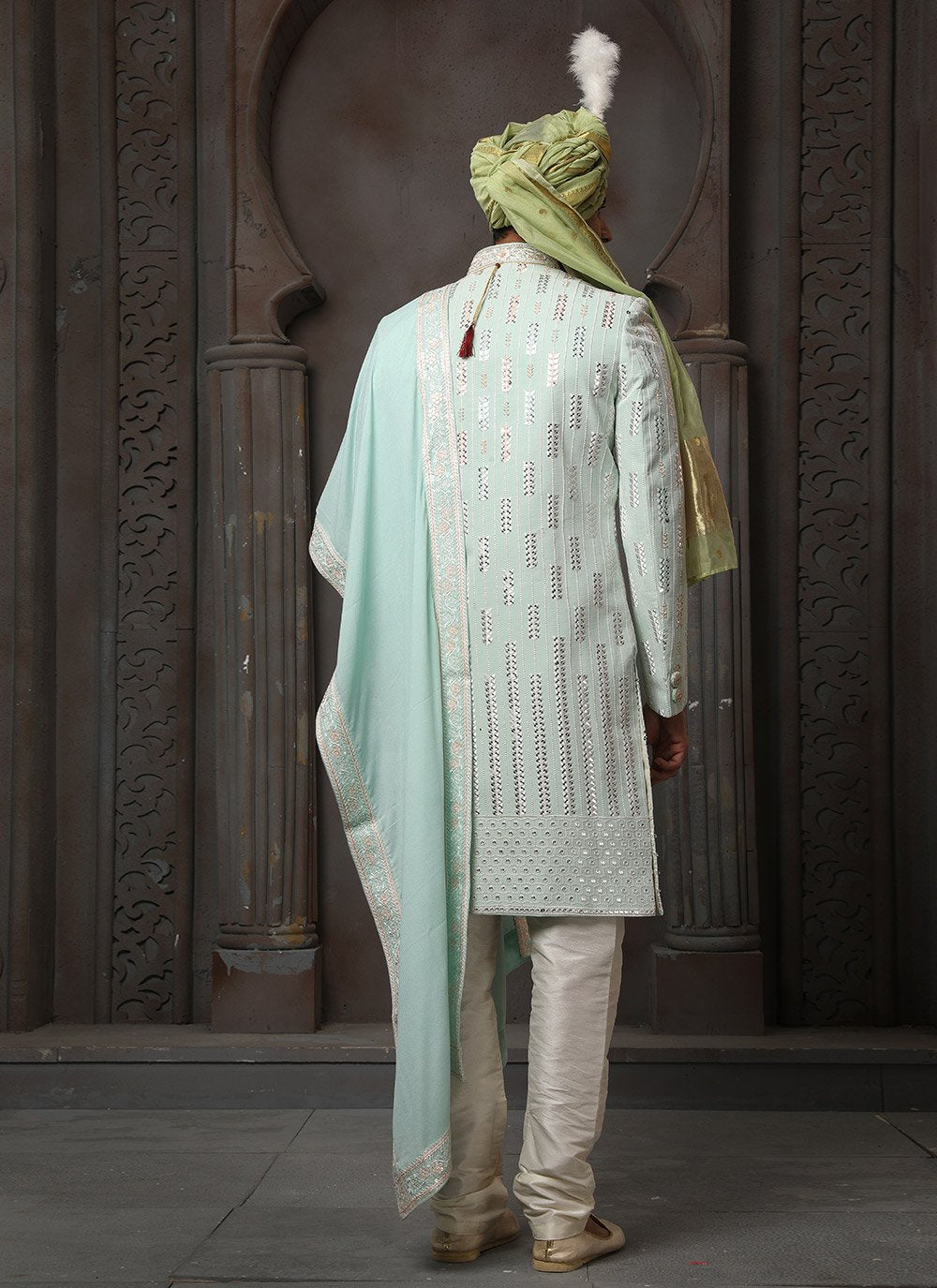 Sherwani Georgette Green Machine Embroidery Mens