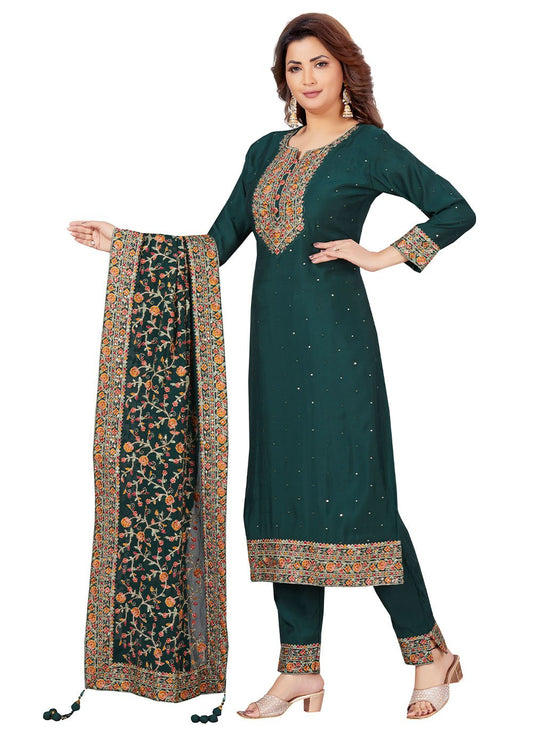 Straight Salwar Suit Chanderi Green Embroidered Salwar Kameez