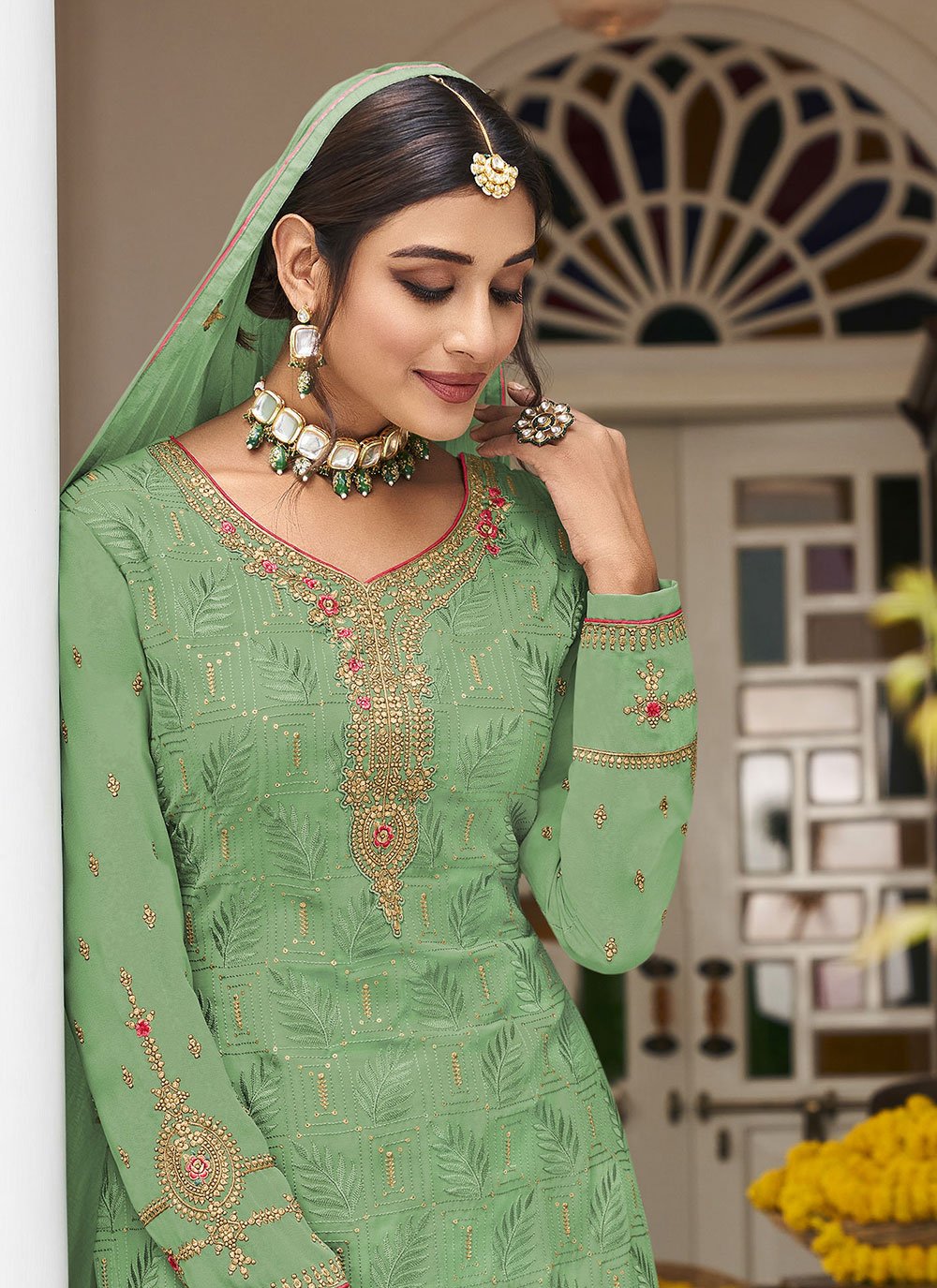 Salwar Suit Georgette Green Embroidered Salwar Kameez