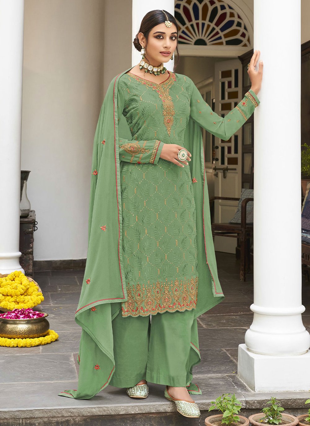 Salwar Suit Georgette Green Embroidered Salwar Kameez