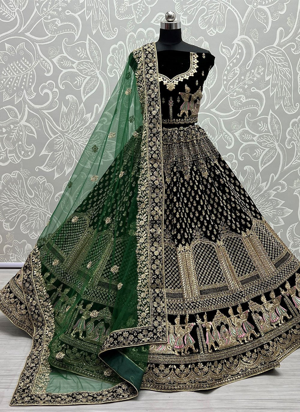 Lehenga Choli Velvet Green Diamond Lehenga Choli