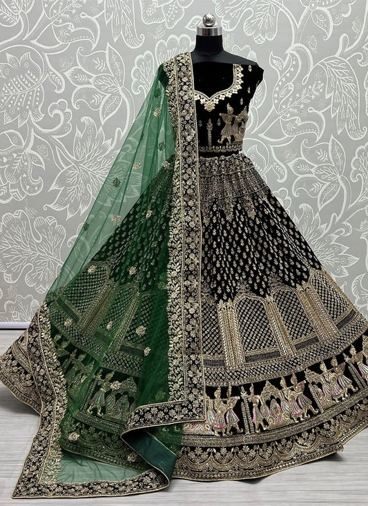 Lehenga Choli Velvet Green Diamond Lehenga Choli