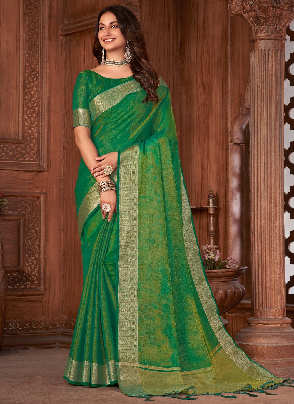 Classic Khadi Silk Linen Green Woven Saree