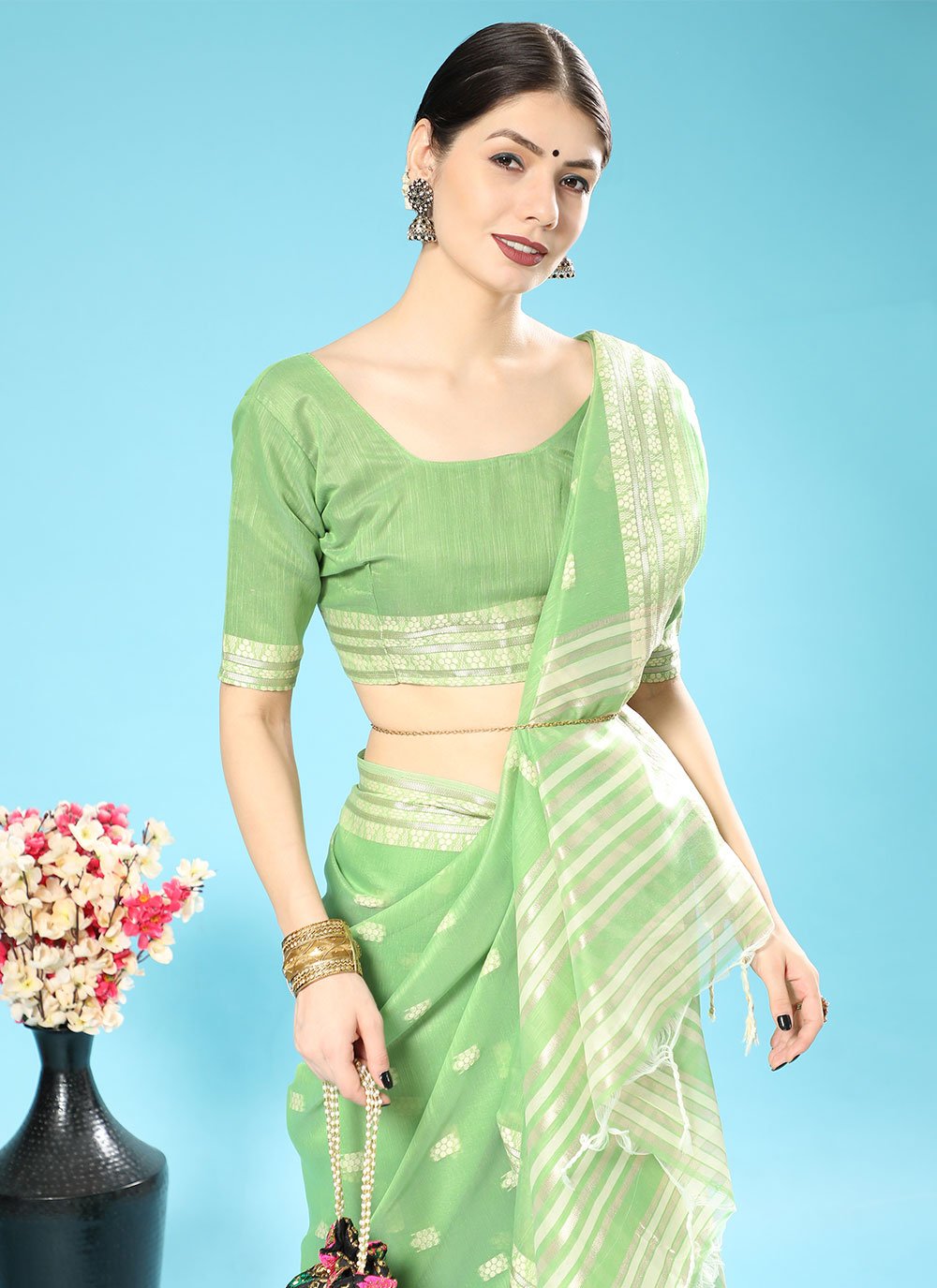 Trendy Saree Cotton Lucknowi Green Chikankari Work Saree