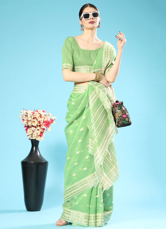 Trendy Saree Cotton Lucknowi Green Chikankari Work Saree