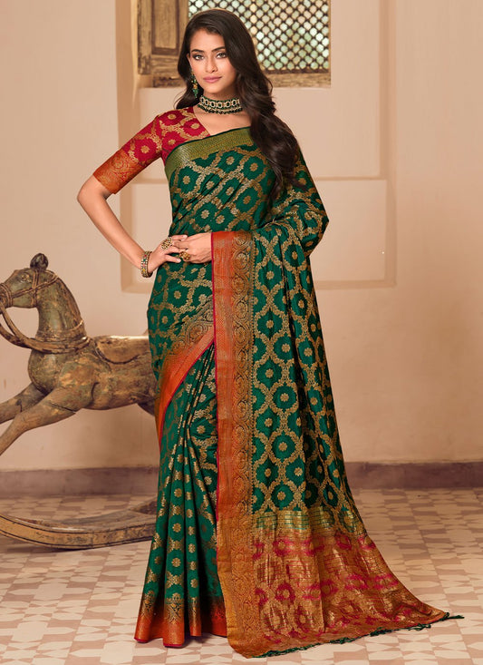 Contemporary Raw Silk Green Woven Saree