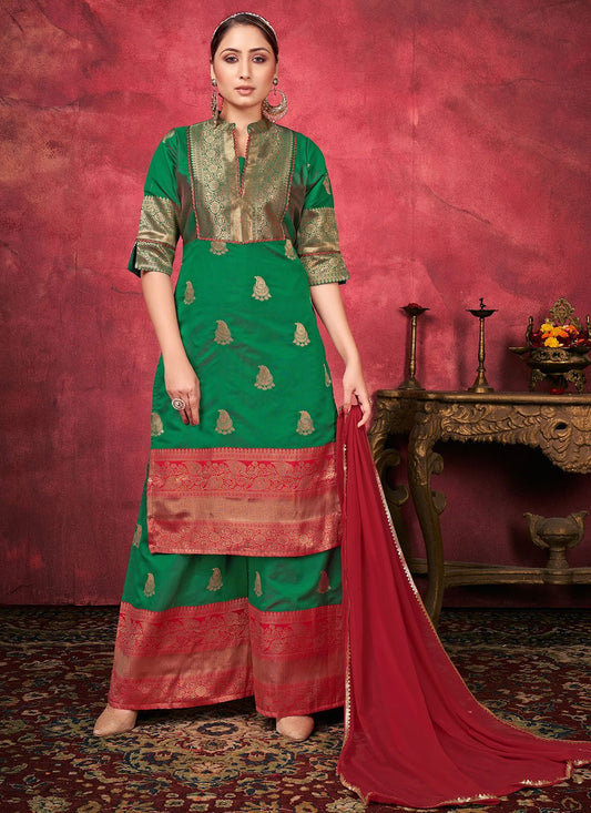 Salwar Suit Art Silk Green Woven Salwar Kameez