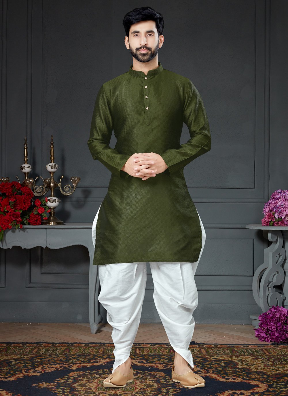 Dhoti Kurta Silk Green Woven Mens