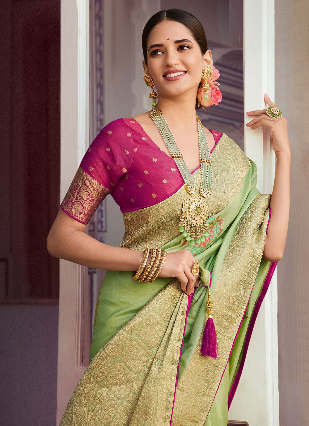 Classic Silk Tissue Green Woven Saree