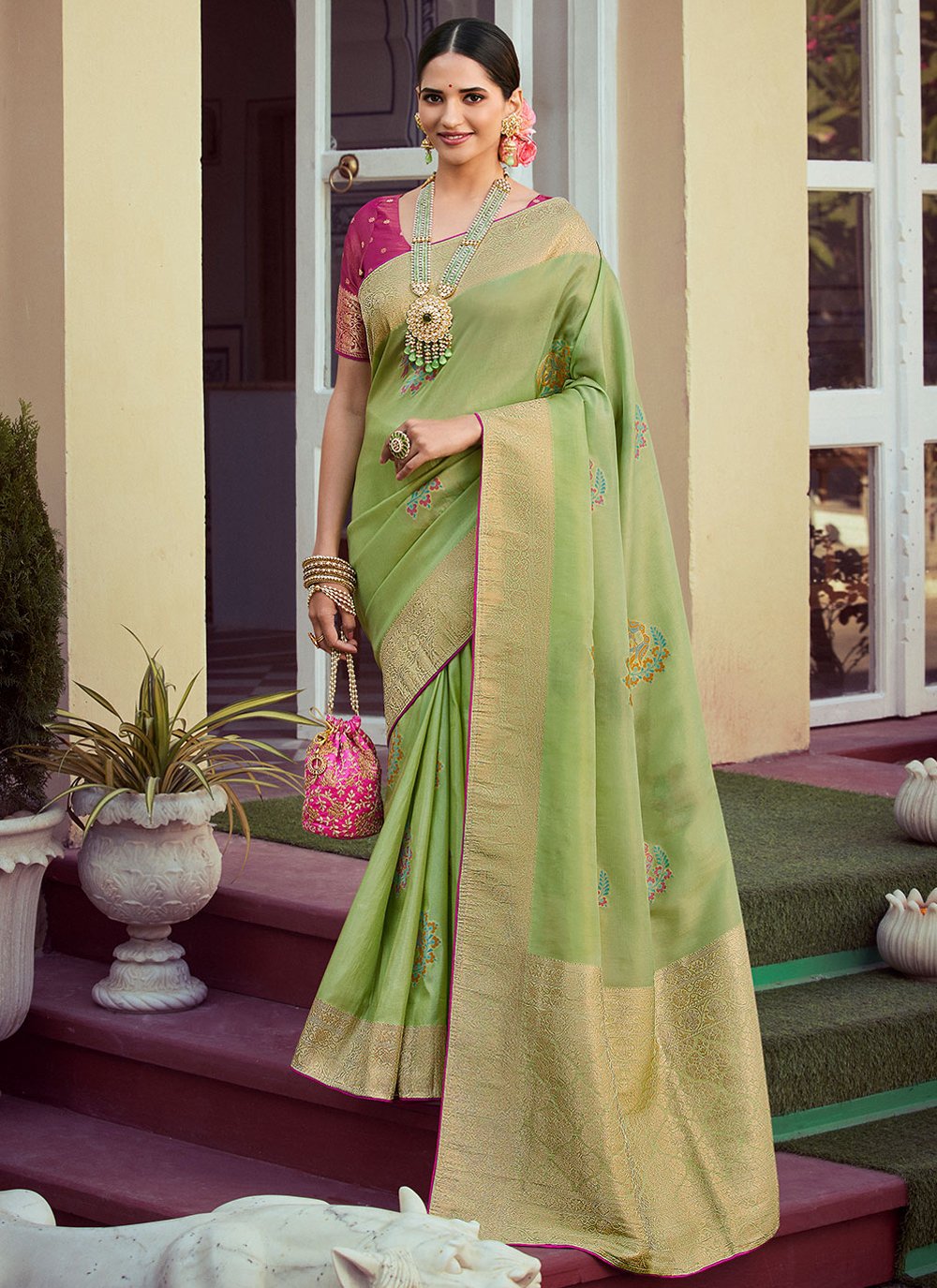 Classic Silk Tissue Green Woven Saree