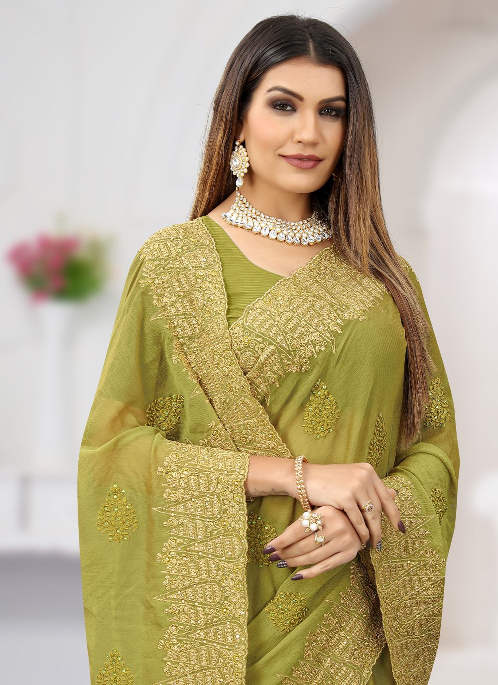 Contemporary Chiffon Green Embroidered Saree