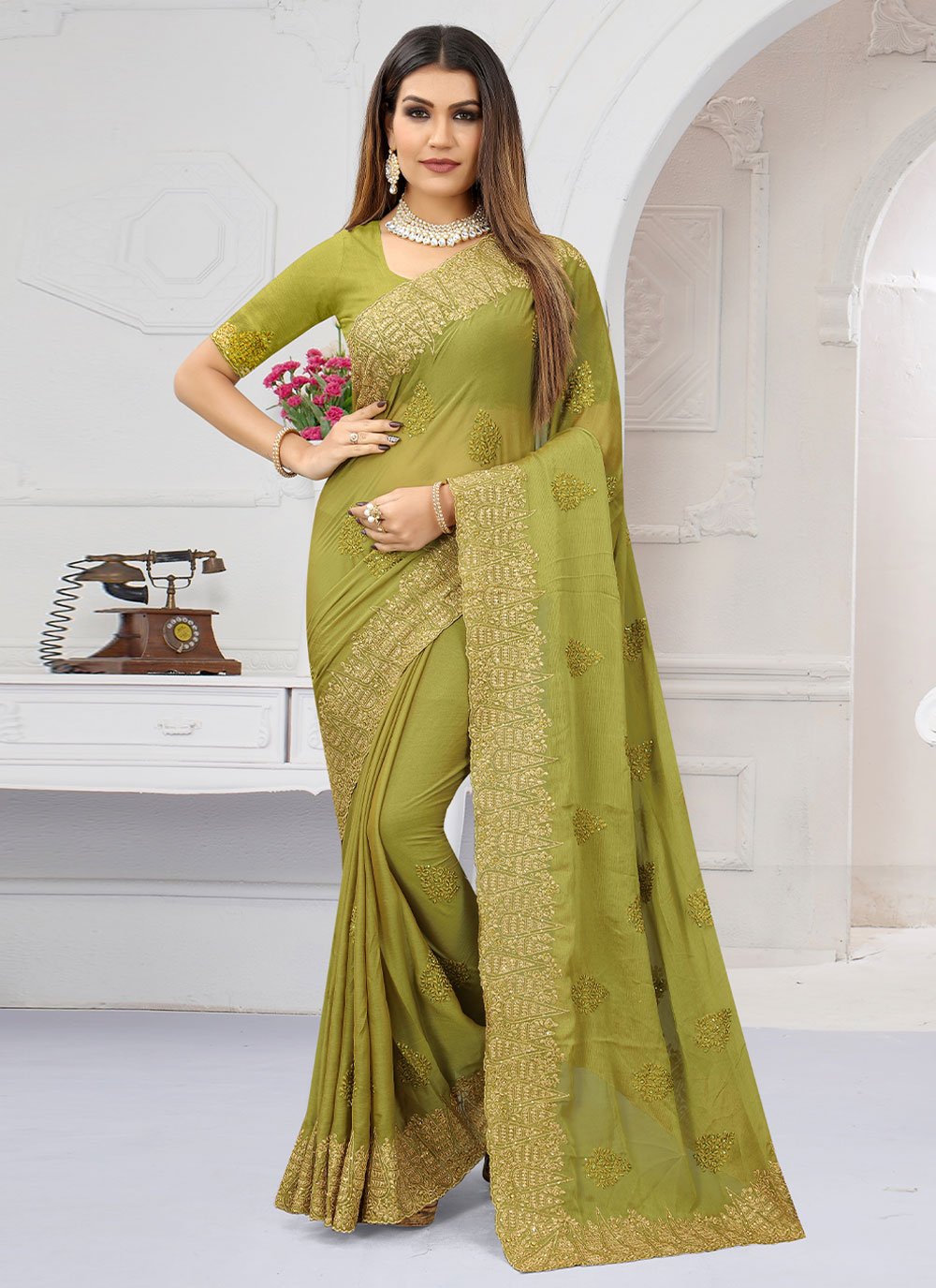 Contemporary Chiffon Green Embroidered Saree