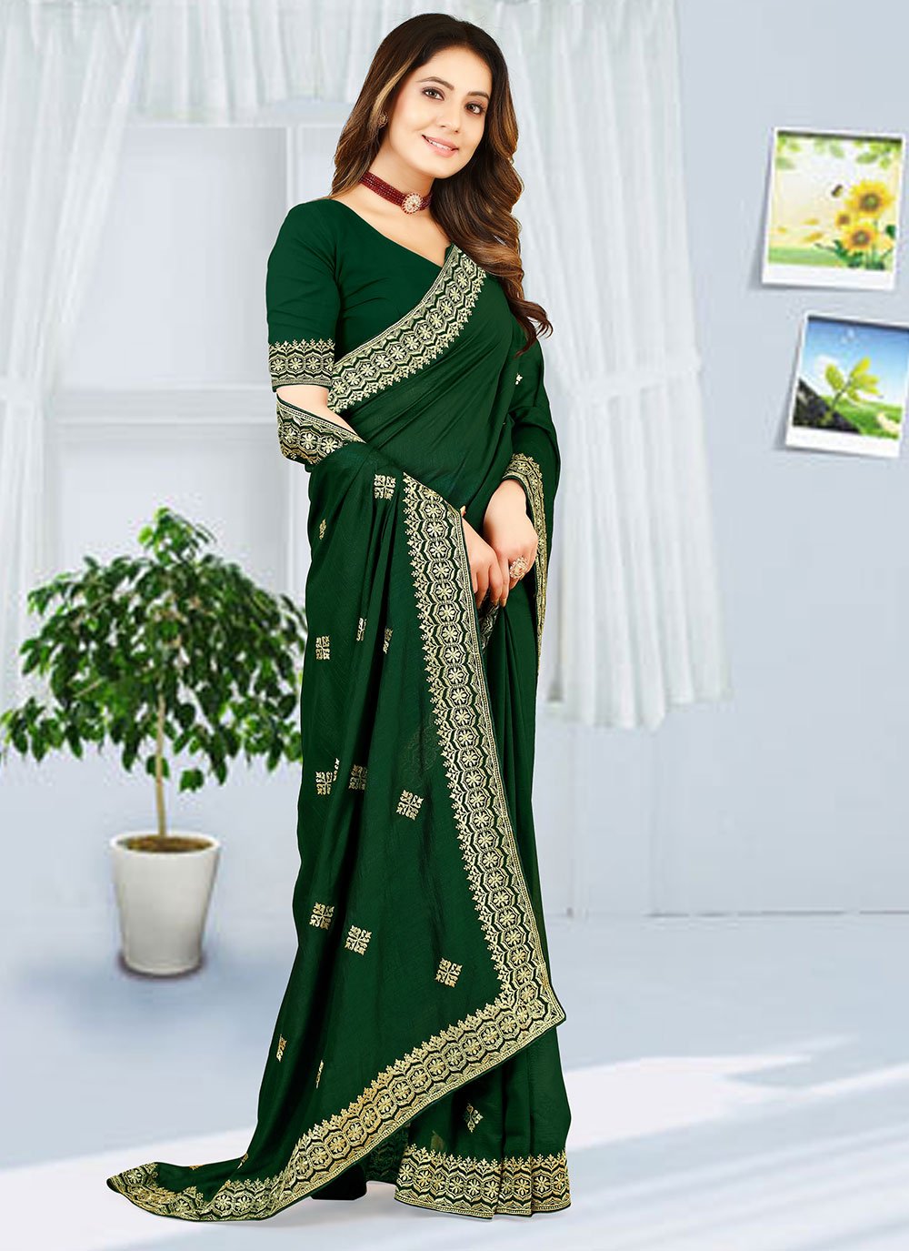 Classic Georgette Green Embroidered Saree