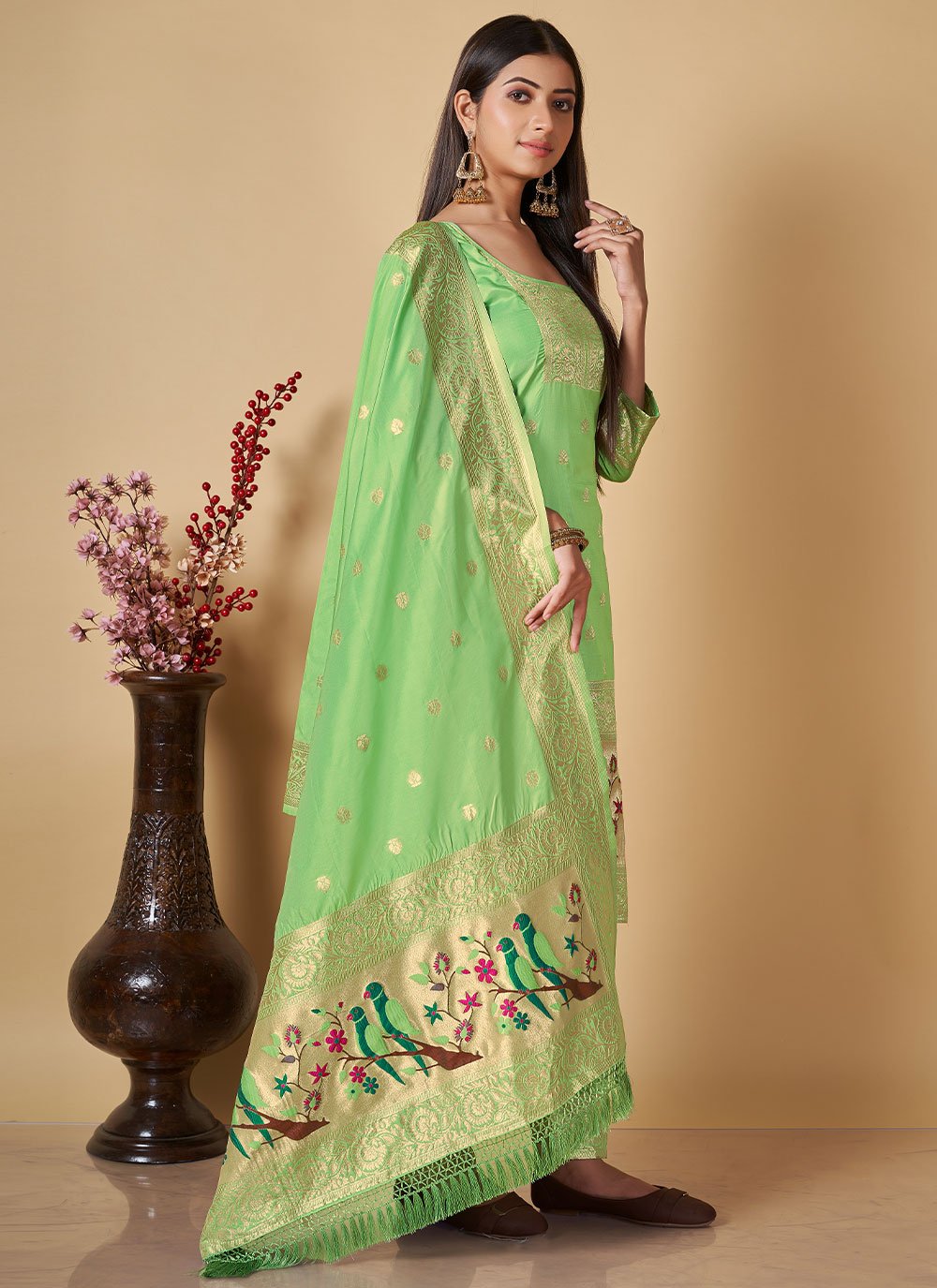 Floor Lenght Salwar Suit Banarasi Silk Green Woven Salwar Kameez