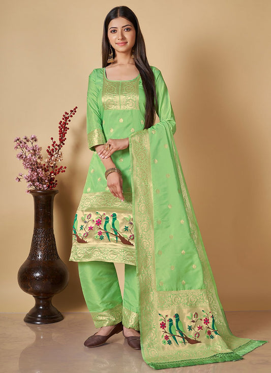 Floor Lenght Salwar Suit Banarasi Silk Green Woven Salwar Kameez