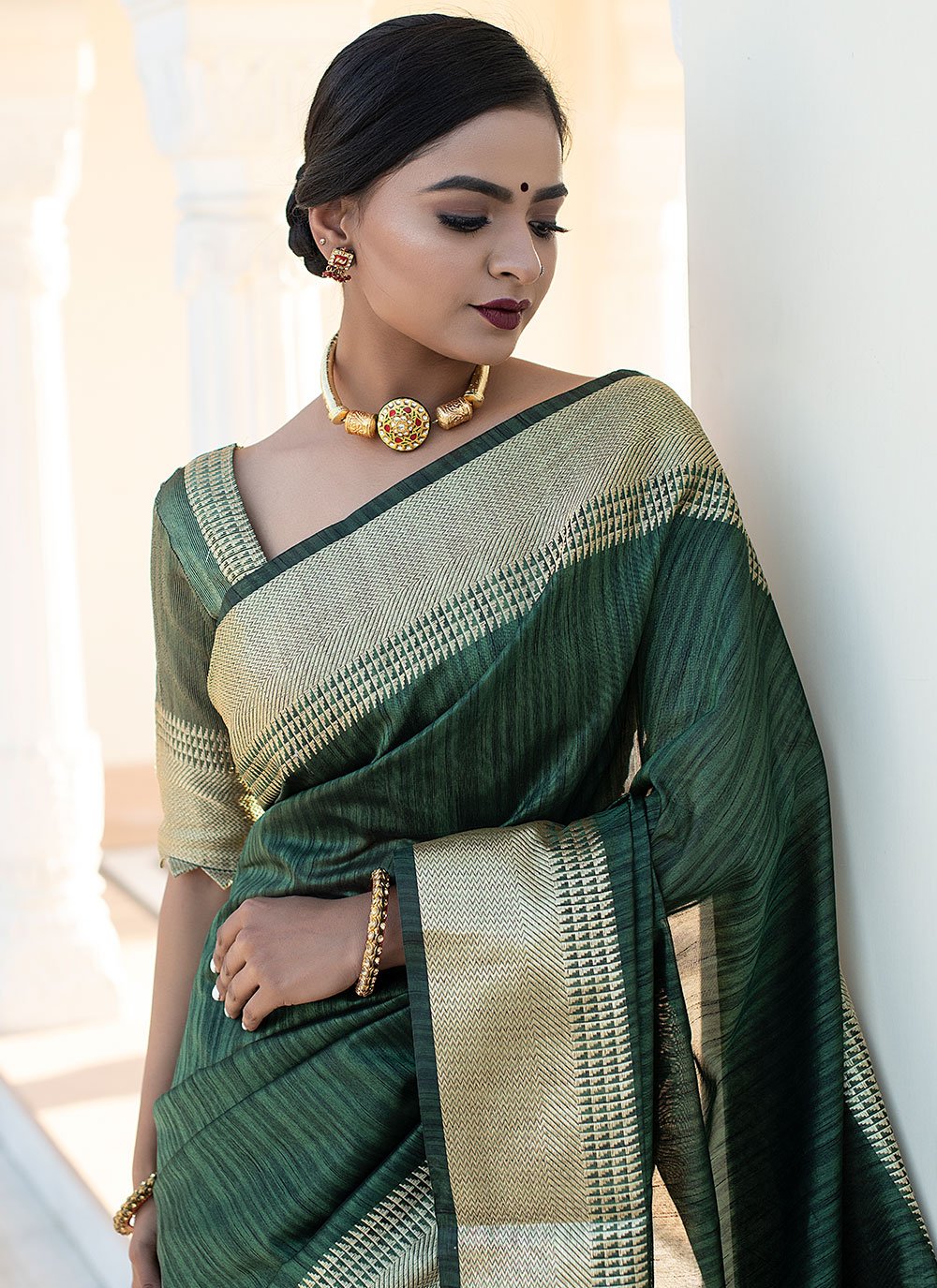 Classic Tussar Silk Green Woven Saree