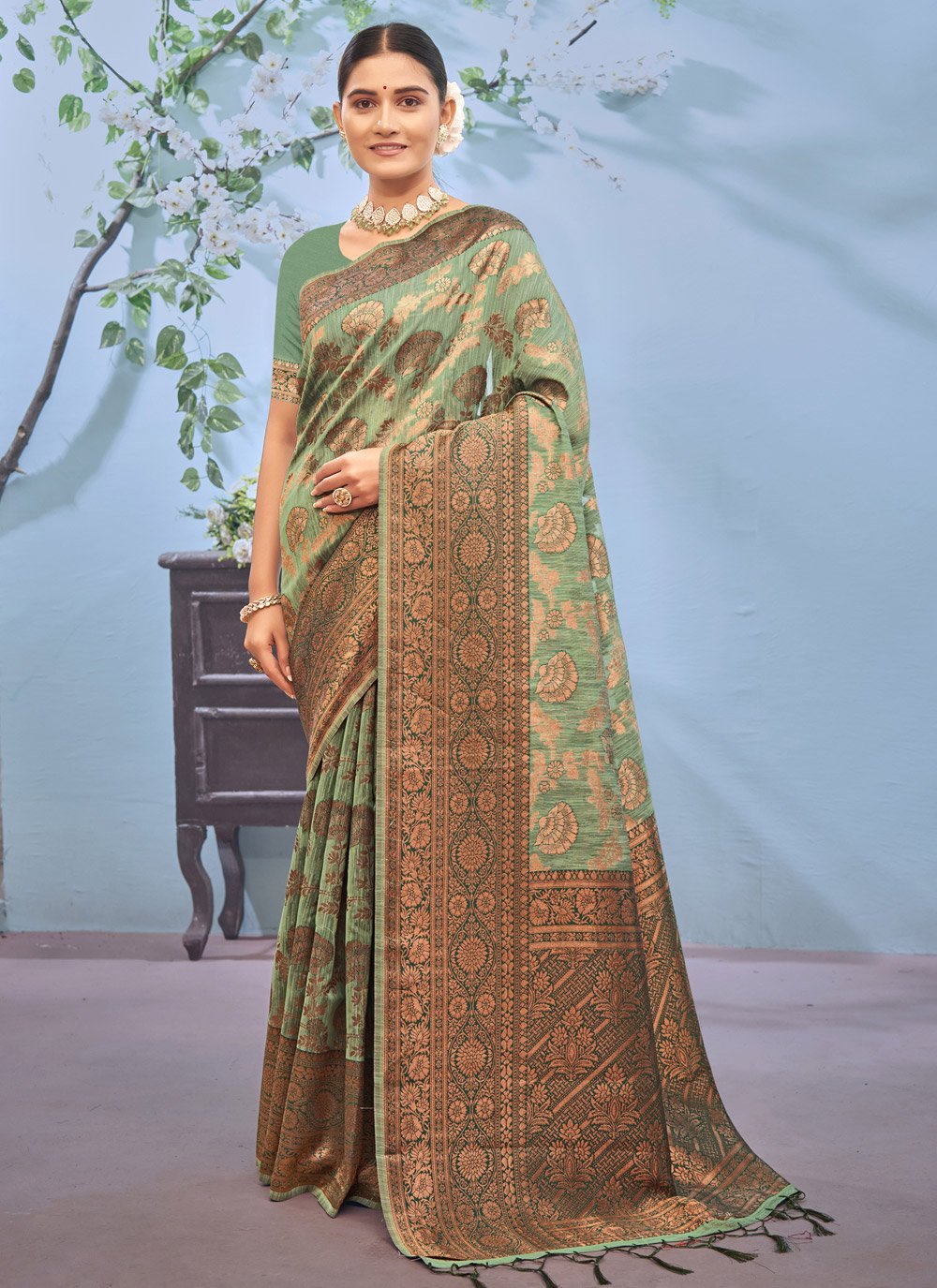 Trendy Saree Cotton Green Zari Saree