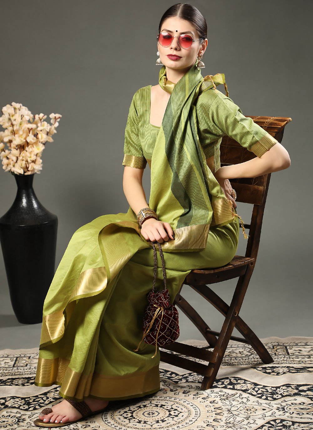 Trendy Saree Raw Silk Green Patch Border Saree