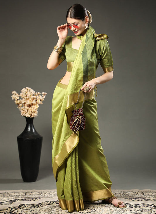 Trendy Saree Raw Silk Green Patch Border Saree