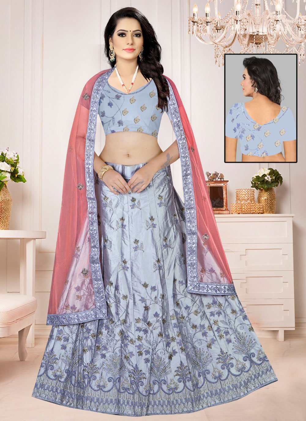 A Line Lehenga Satin Silk Grey Embroidered Lehenga Choli