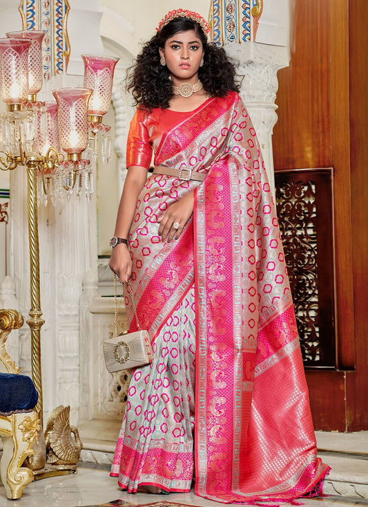 Contemporary Banarasi Silk Grey Hot Pink Weaving Saree