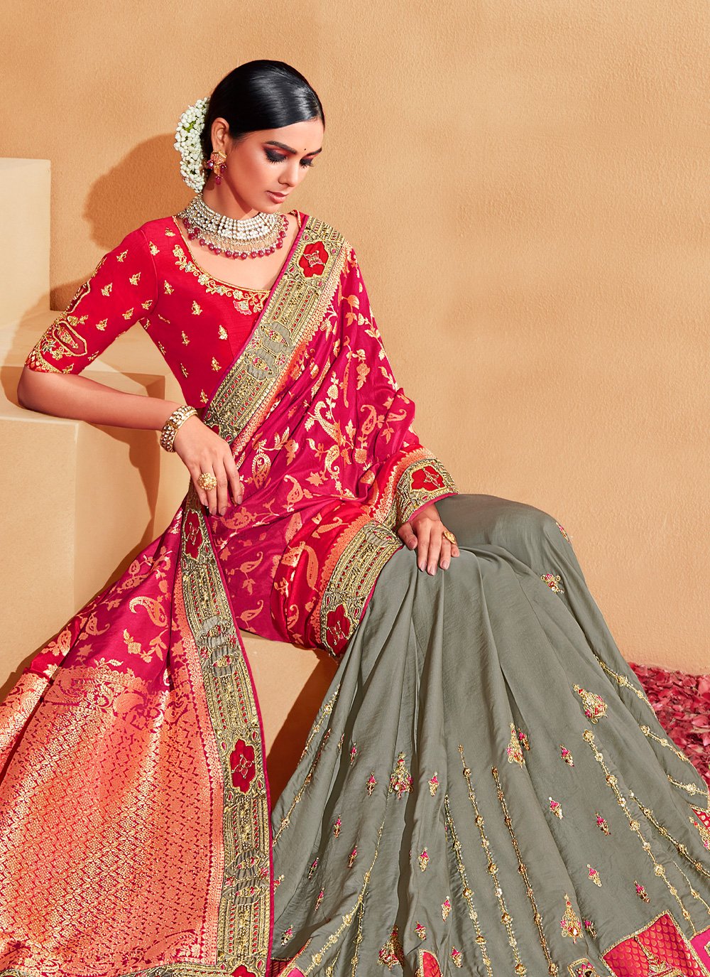 Classic Silk Grey Hot Pink Patch Border Saree