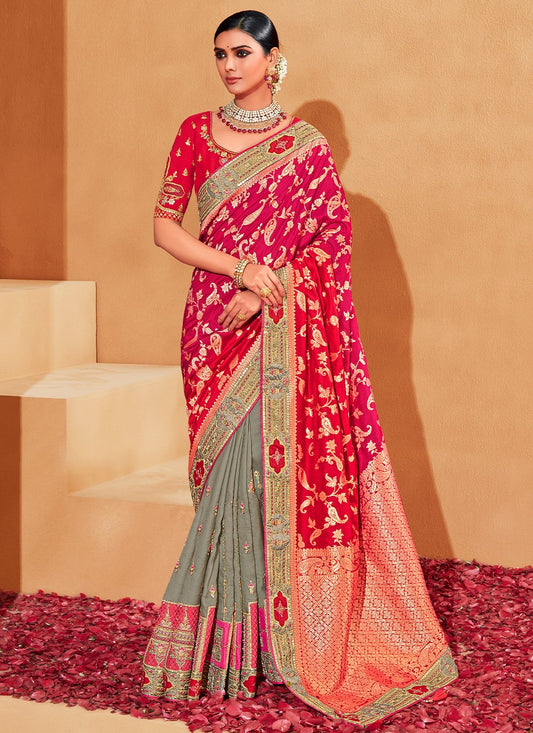 Classic Silk Grey Hot Pink Patch Border Saree