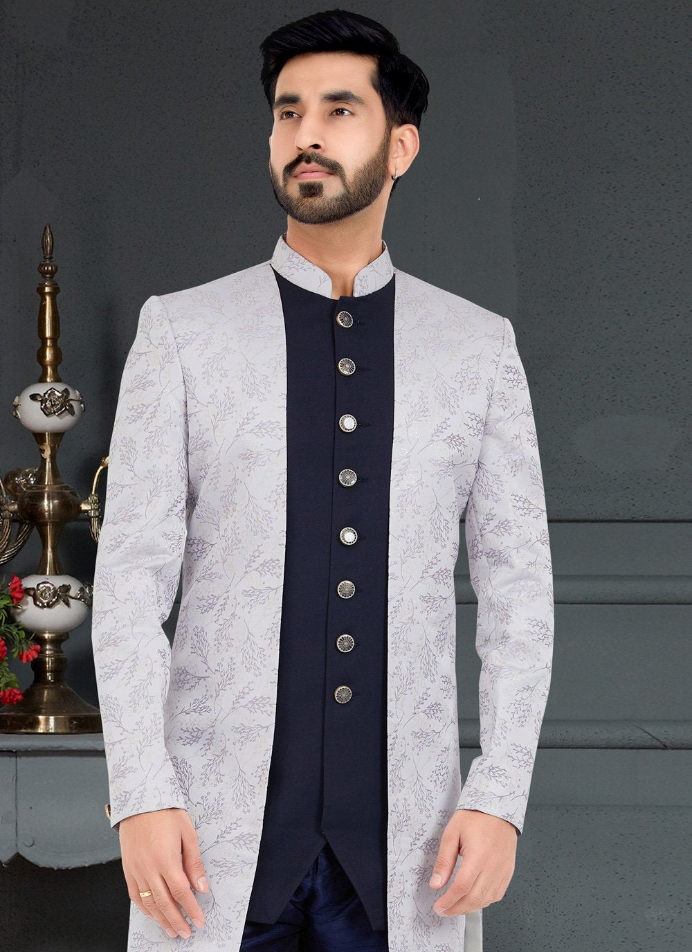 Indo Western Jacquard Blue Grey Weaving Mens