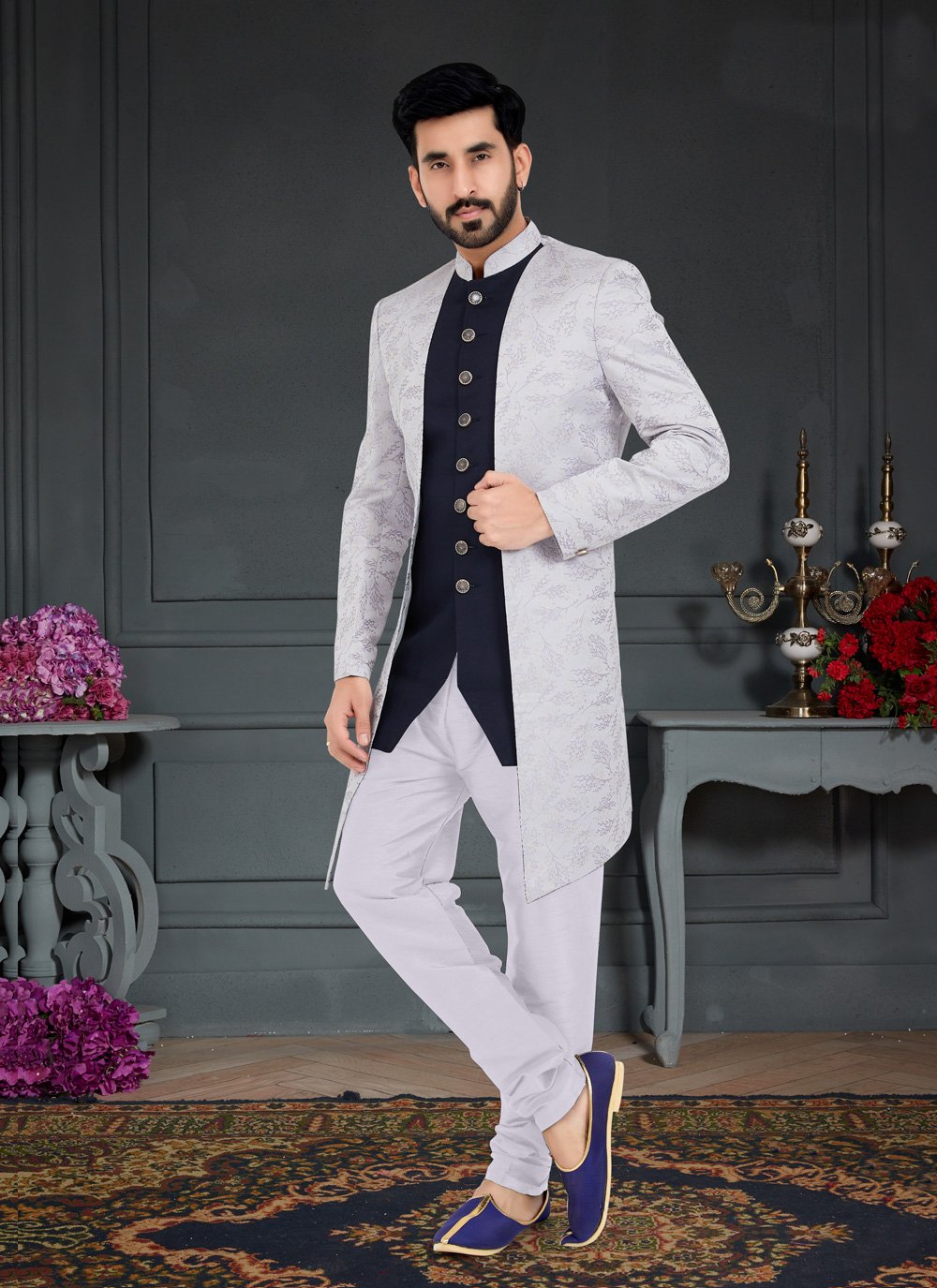 Indo Western Jacquard Blue Grey Weaving Mens