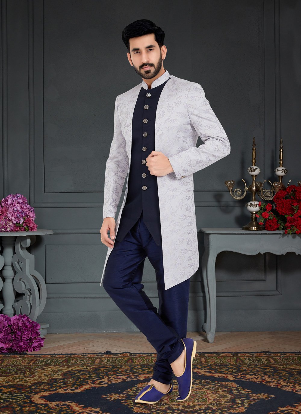 Indo Western Jacquard Blue Grey Weaving Mens