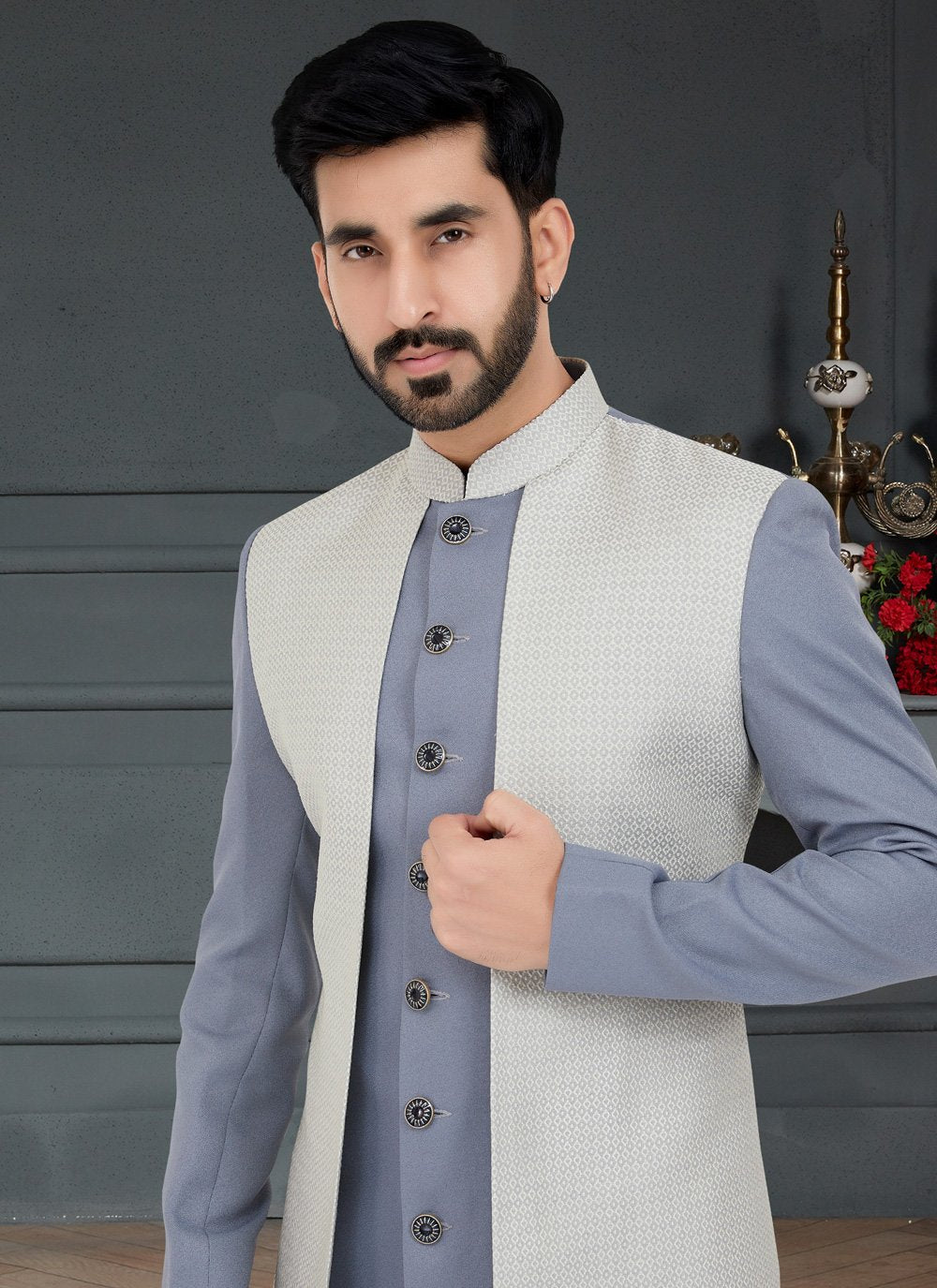 Indo Western Jacquard Grey Off White Weaving Mens