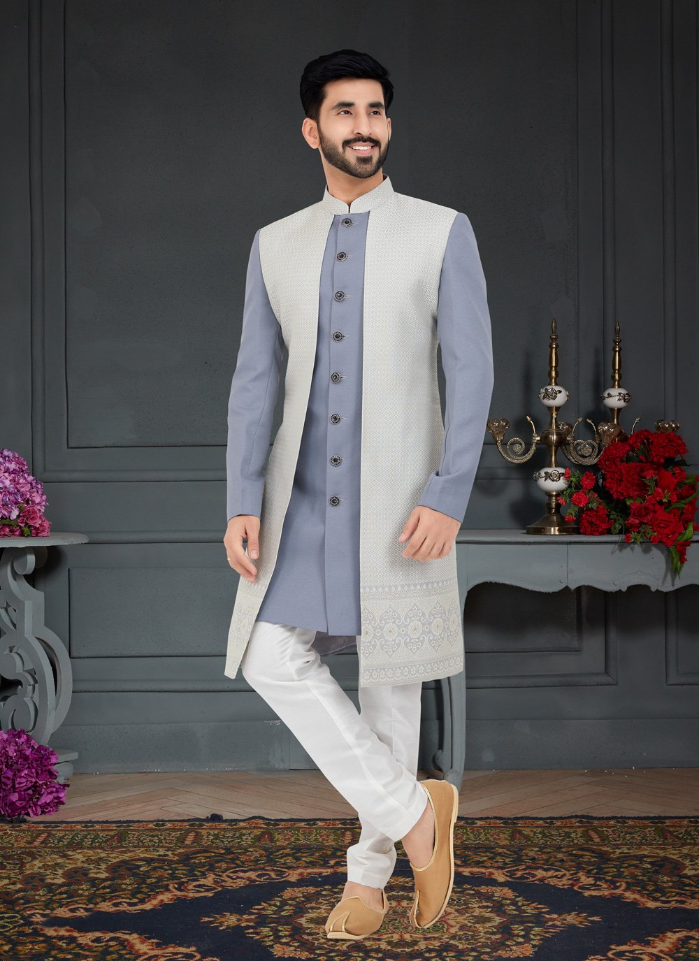 Indo Western Jacquard Grey Off White Weaving Mens