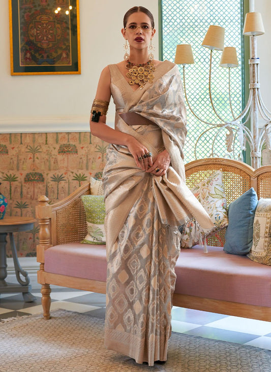 Trendy Saree Handloom Silk Tissue Grey Off White Multi Saree